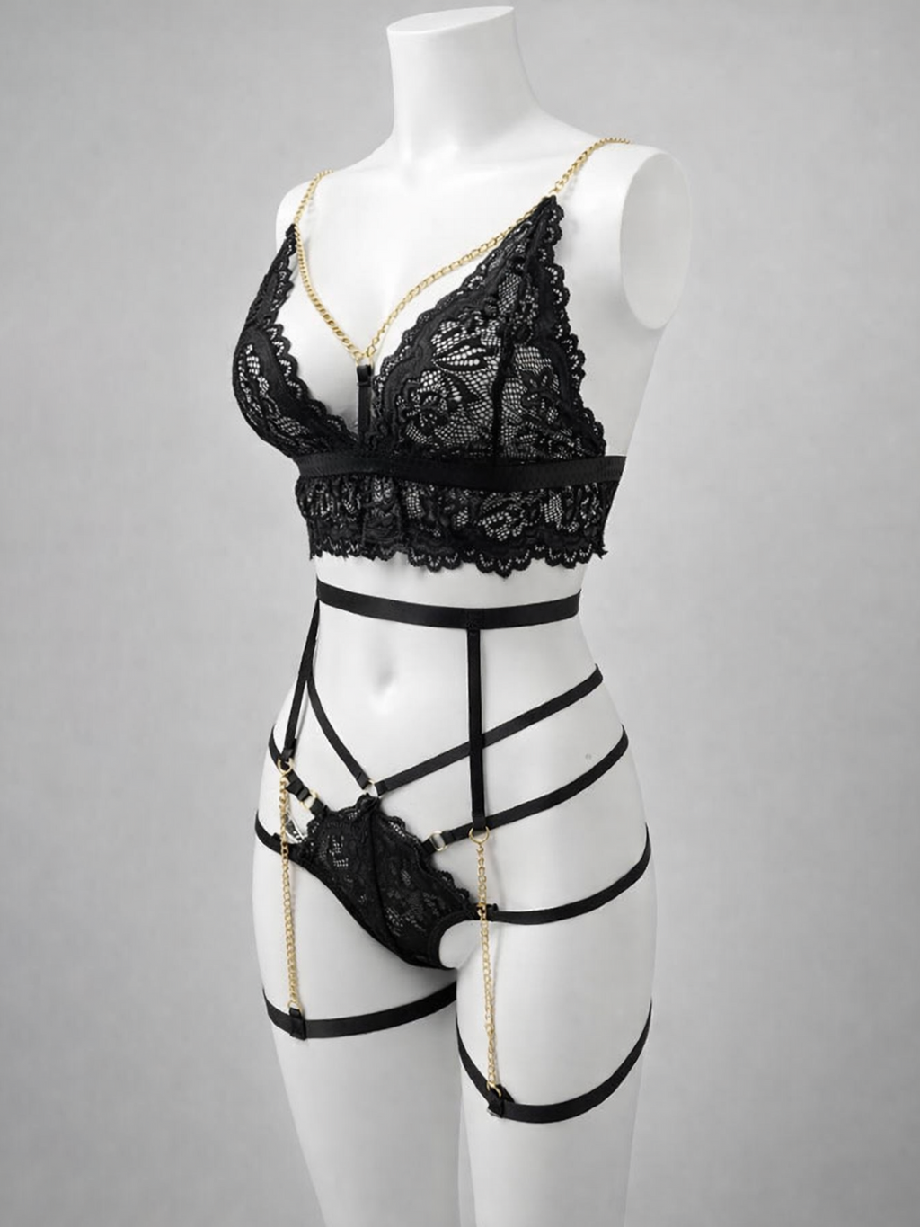 Midnight Luxe Lace Strappy Lingerie Set