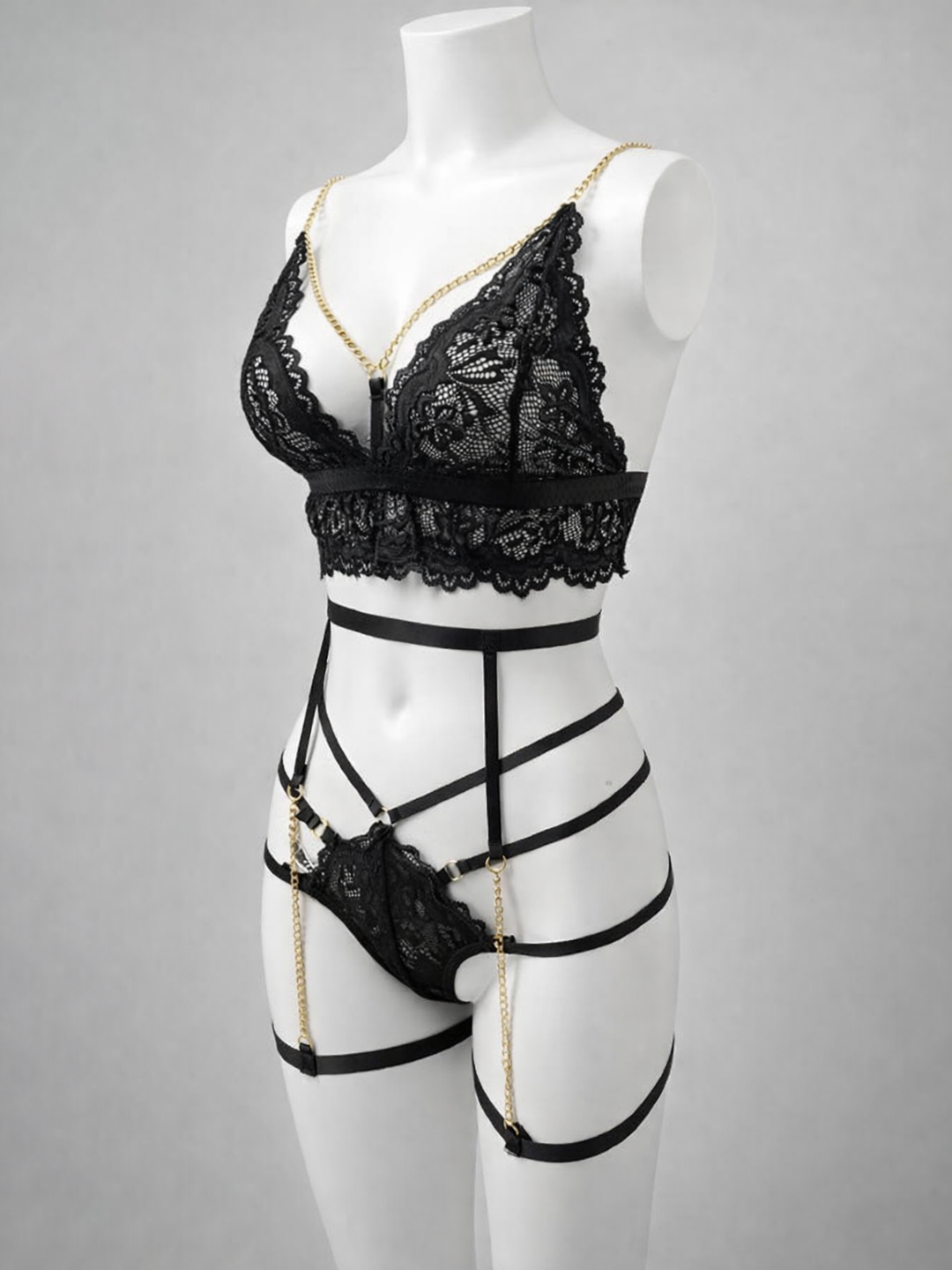 Midnight Luxe Lace Strappy Lingerie Set