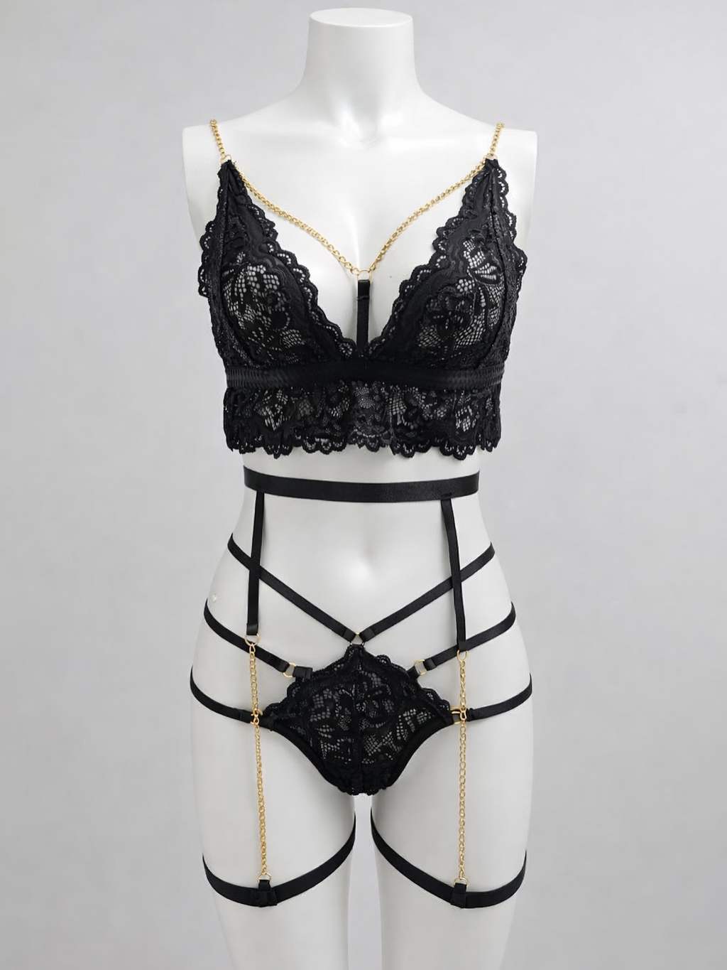 Midnight Luxe Lace Strappy Lingerie Set