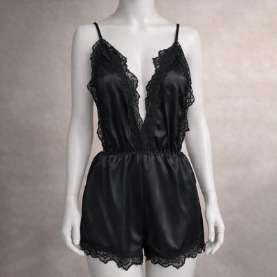 Midnight Elegance Satin Lace Romper —  Pakistan COD