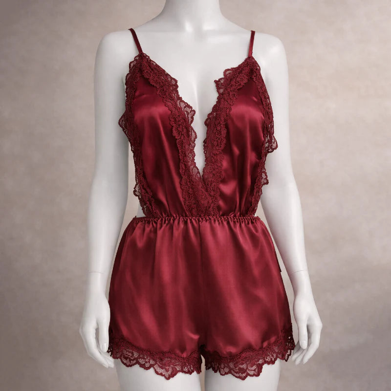 Midnight Elegance Satin Lace Romper