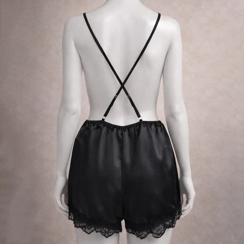 Midnight Elegance Satin Lace Romper